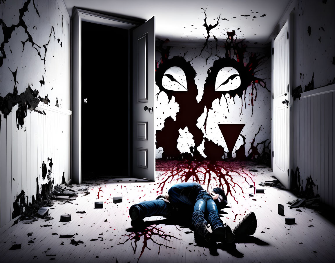 Dark Room with Blood Splatters, Alien Silhouette, and Lifeless Person