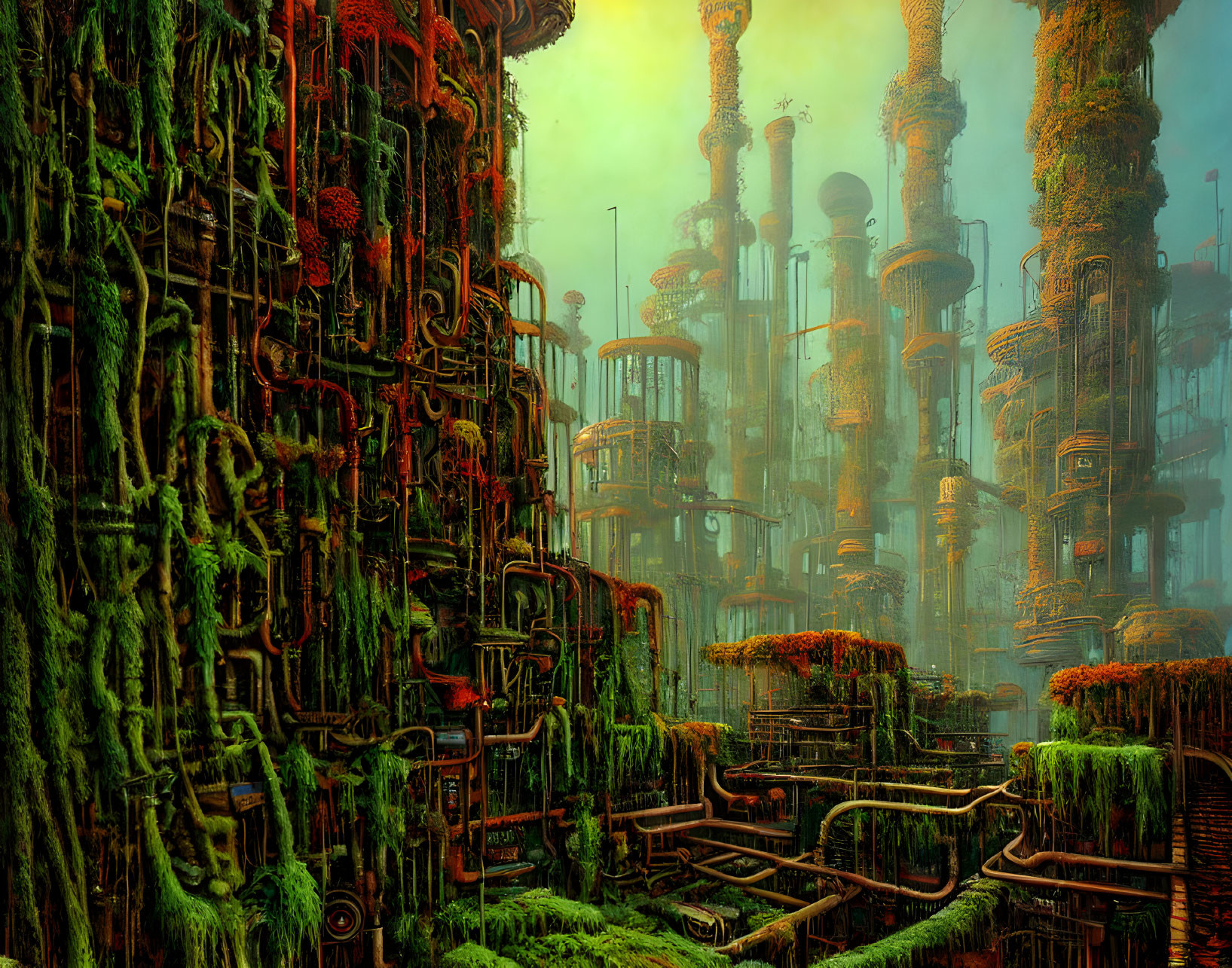 Dystopian cityscape with overgrown structures under green sky