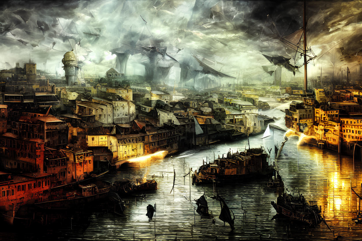 Dystopian cityscape with golden hue, waterways, boats, dense buildings, and futuristic structures