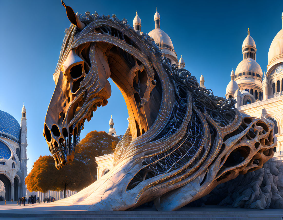 Intricate horse head sculpture against domed architecture