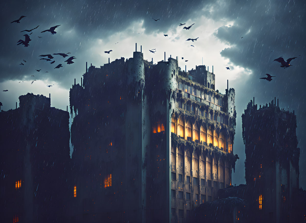 Abandoned buildings under stormy sky with glowing windows and birds - ominous scene