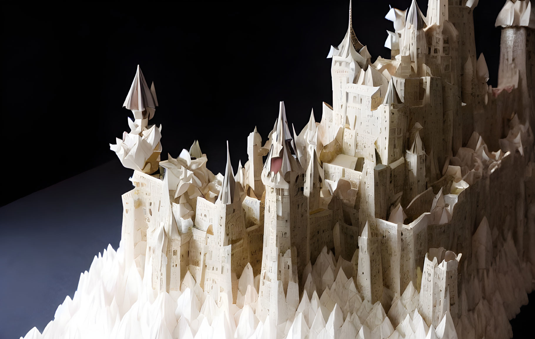 Detailed Paper Castle with Towers and Pointed Rooftops on Dark Background