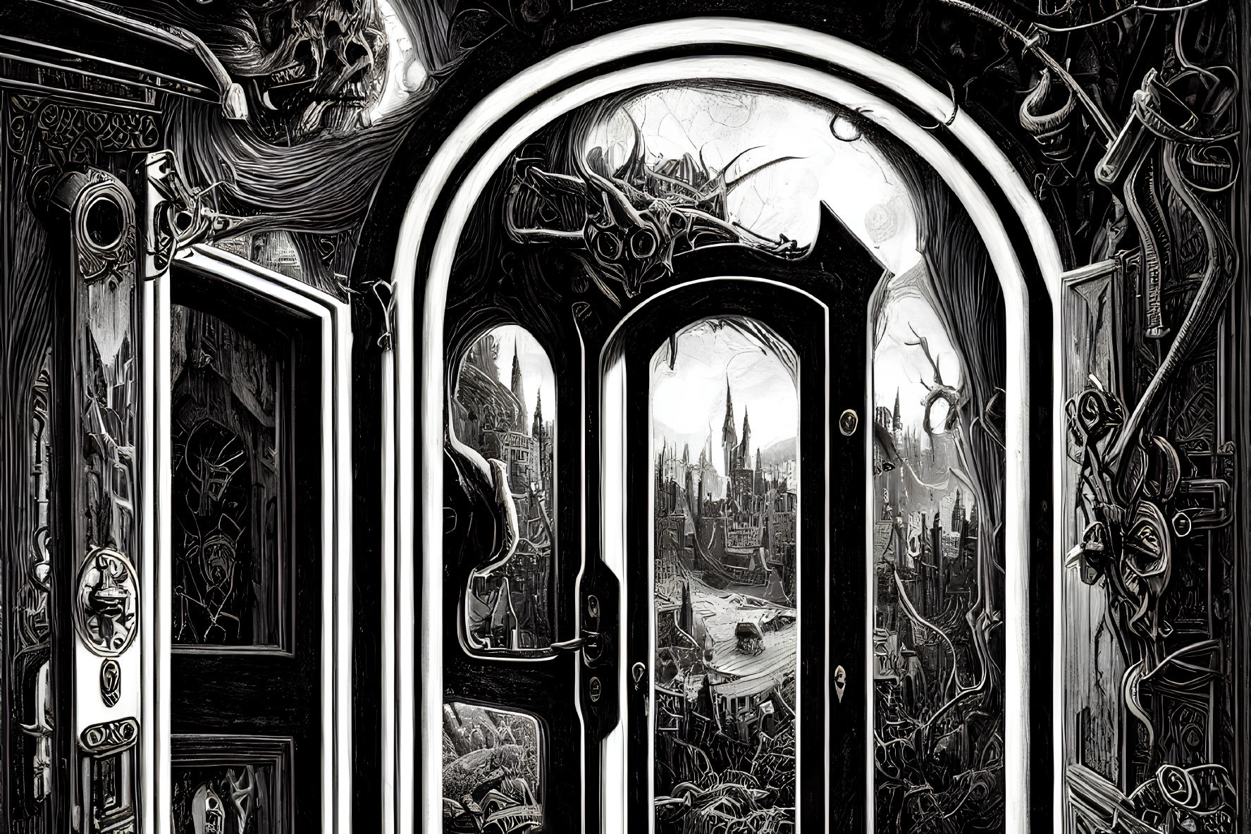 Detailed monochromatic illustration: ornate door reveals fantasy landscape with castles and floating islands.