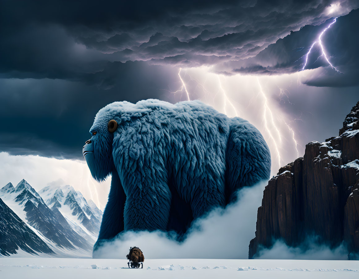 Blue bear-like woolly creature in snowy landscape under stormy sky