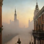 Snow-covered street with historic buildings and spires at dusk