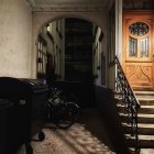 Interior Scene: Staircase with Banister and Partially Open Door