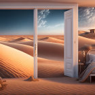 Surreal bedroom scene transitions into desert sunset landscape