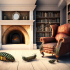 Whimsical snails with human-like riders in a cozy library setting