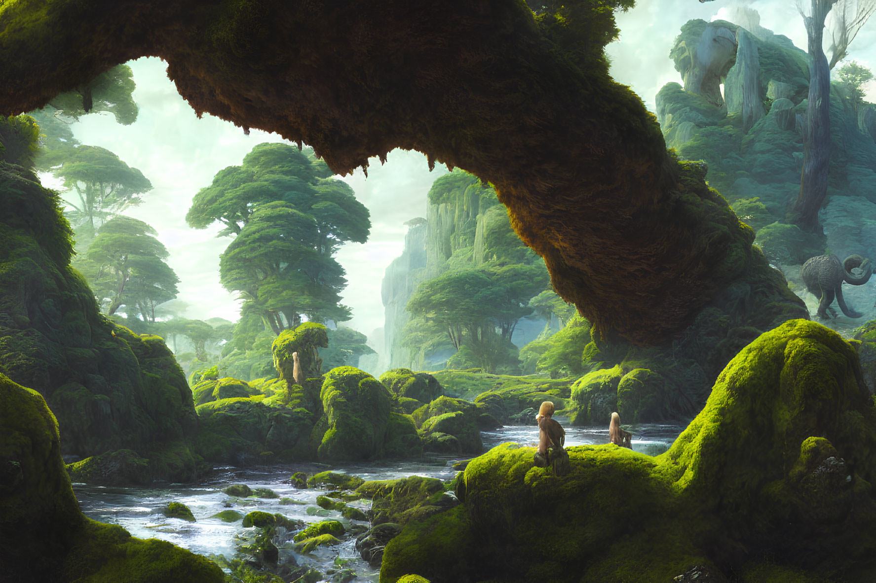 Mystical forest with lush greenery, river, figures under natural archway