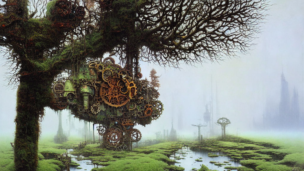 Steampunk treehouse with gears in misty landscape