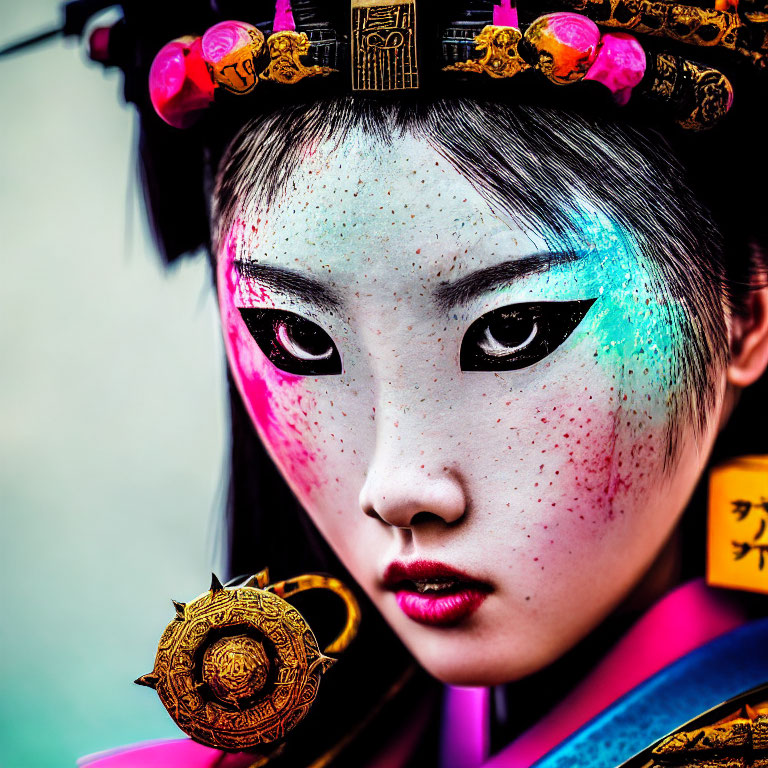 Colorful Traditional Asian Makeup Portrait with Ornate Headdress