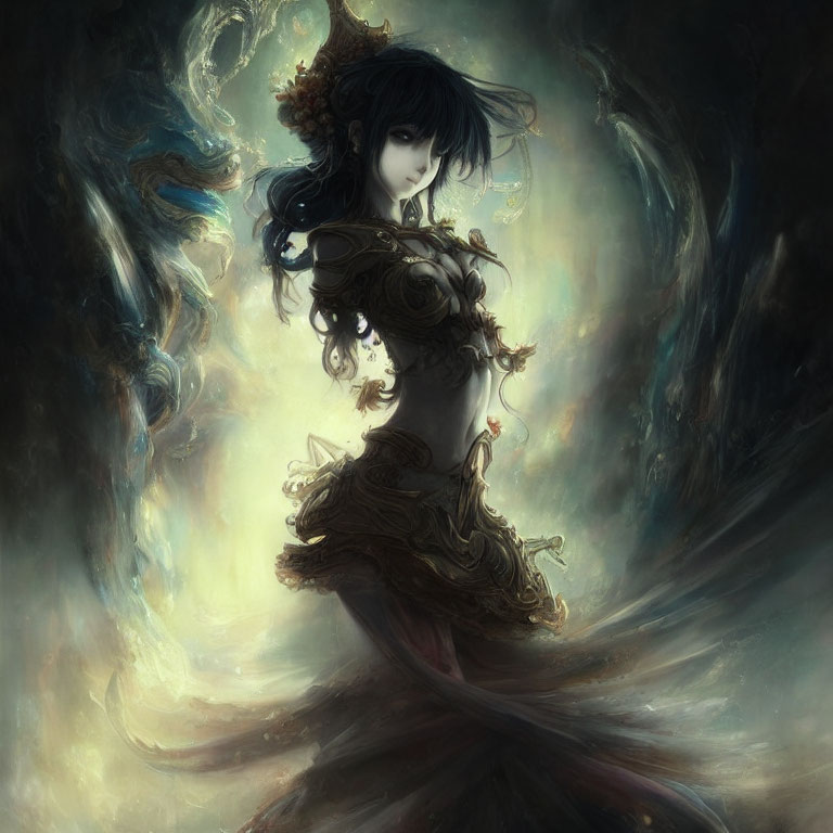 Dark-haired woman in swirling garments with an ethereal aura