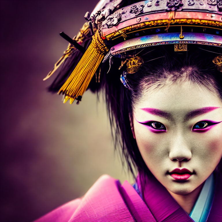 Colorful traditional East Asian headdress and vibrant makeup on person in colorful outfit against blurred background