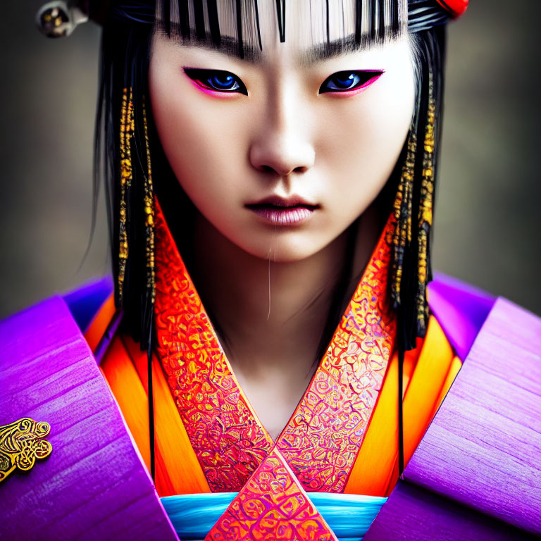 Intense gaze in traditional East Asian attire and decorative headdress