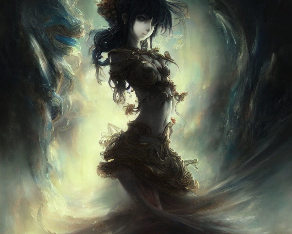 Dark-haired woman in swirling garments with an ethereal aura