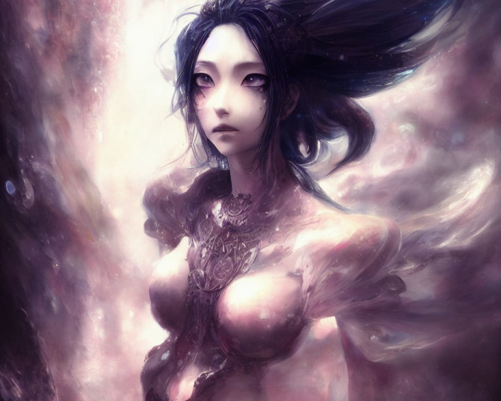 Ethereal woman with black hair and ornate jewelry on cosmic backdrop