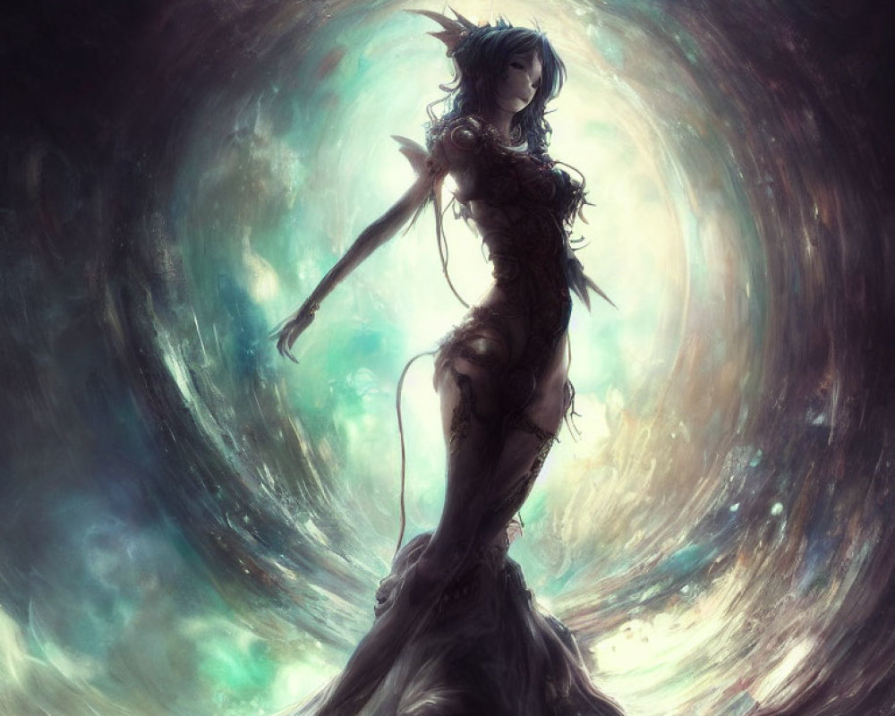 Mystical female figure in flowing attire with celestial backdrop