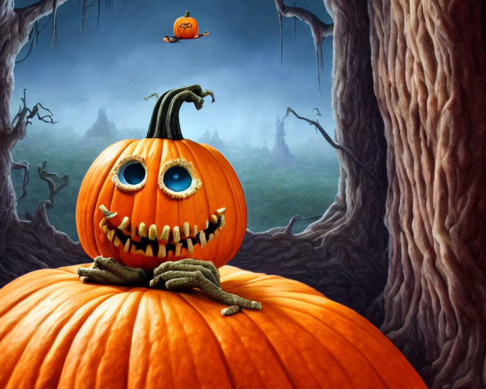 Whimsical Halloween scene with anthropomorphic pumpkin and eerie trees