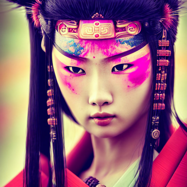 Traditional Japanese attire with pink makeup and ornate headdress portrait.