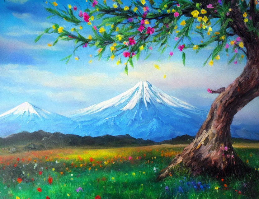 Colorful Flower Meadow Painting with Twisted Tree and Snow-Capped Mountains