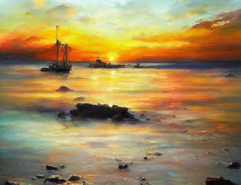 Colorful sunset painting with boats on the sea.