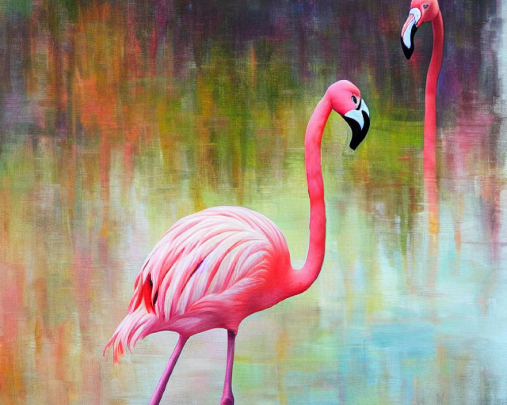 Vibrant flamingos in water with reflective backdrop