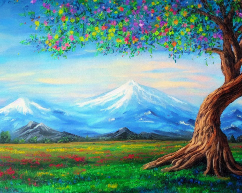 Colorful Blossoming Tree Painting on Meadow with Snow-Capped Mountains