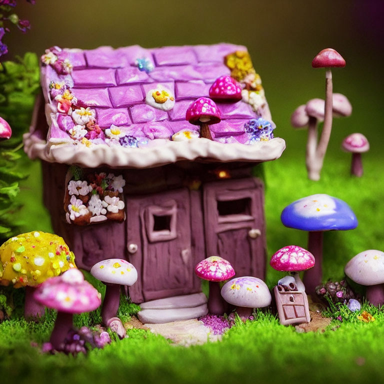 Miniature purple-roofed house in magical fairy-tale setting