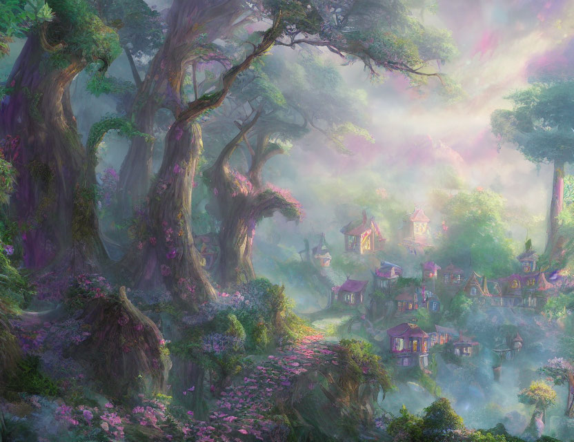 Enchanting forest with ancient trees and whimsical houses in a mystic haze