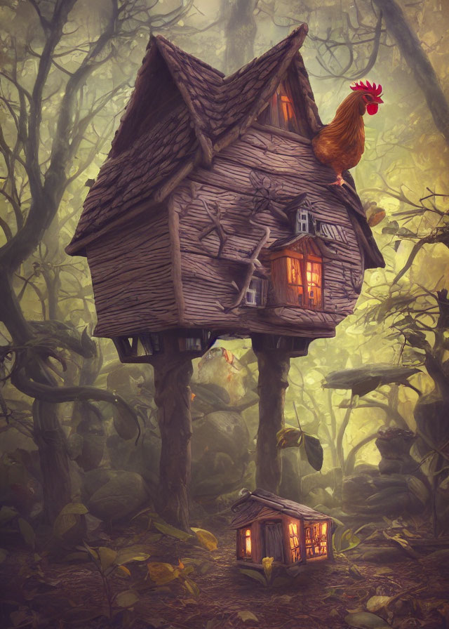 Whimsical treehouse with lights and rooster in misty forest