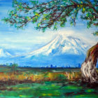 Colorful Flower Meadow Painting with Twisted Tree and Snow-Capped Mountains