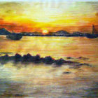 Colorful sunset painting with boats on the sea.