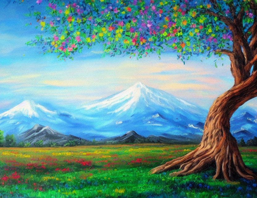 Colorful Blossoming Tree Painting on Meadow with Snow-Capped Mountains