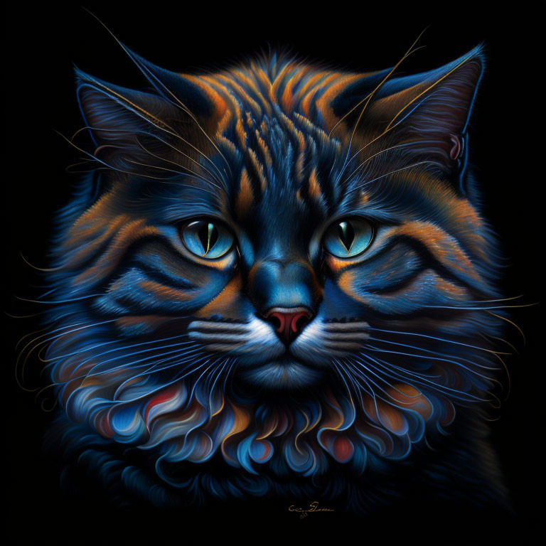 Detailed Cat Illustration with Intricate Fur Patterns and Blue Eyes on Dark Background