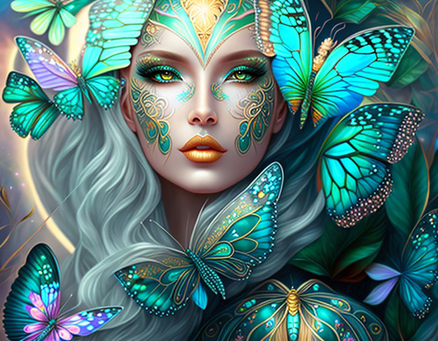 Fantasy illustration of silver-haired woman with butterfly motifs in vivid blue and purple colors