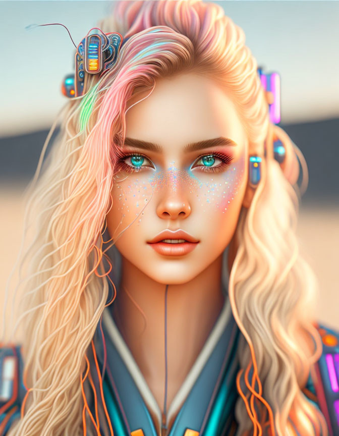 Colorful futuristic headphones on a woman with blonde wavy hair and blue eyes.