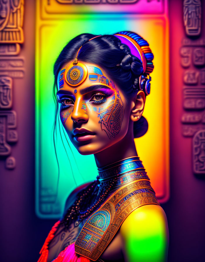 Colorful Portrait of Woman with Neon Makeup and Traditional Markings