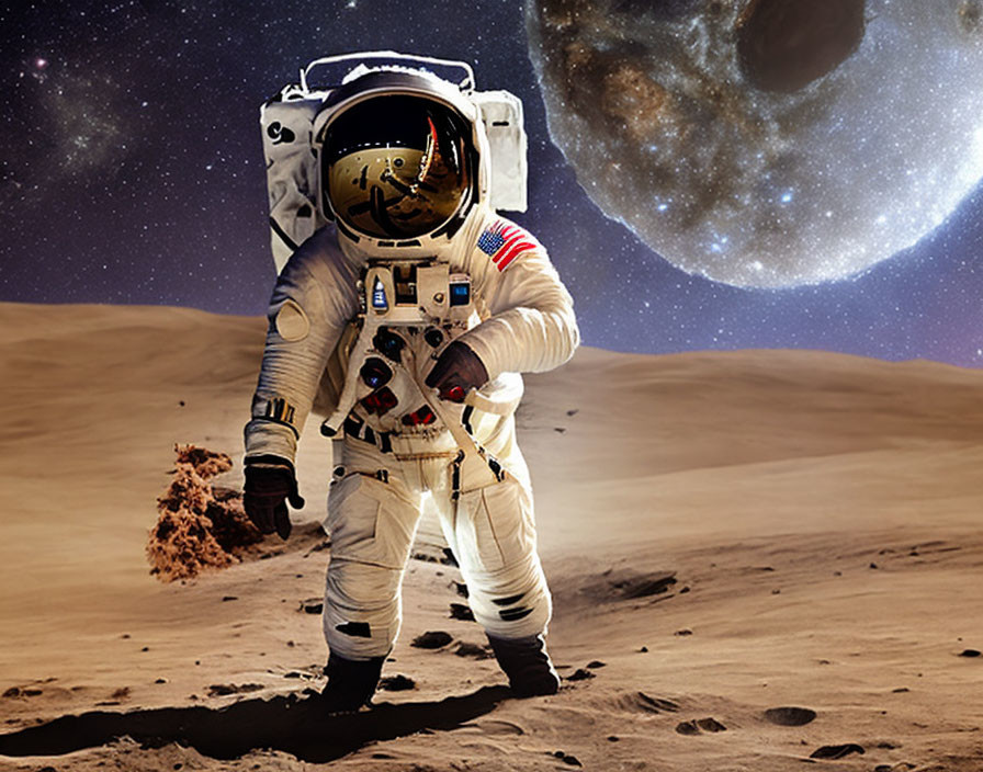 Astronaut in spacesuit on rocky landscape with swirling galaxy above