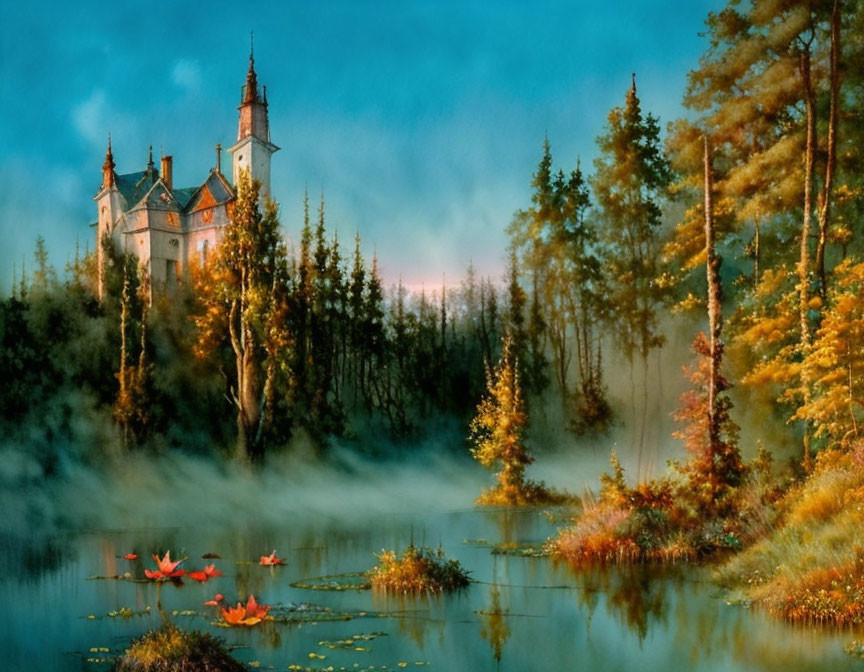 Autumn castle painting: misty lake, dawn, fallen leaves