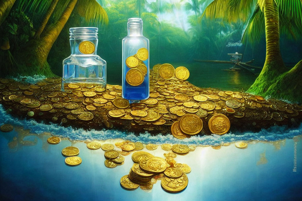 Fantastical scene: gold coins, ship in a bottle, lush jungle.