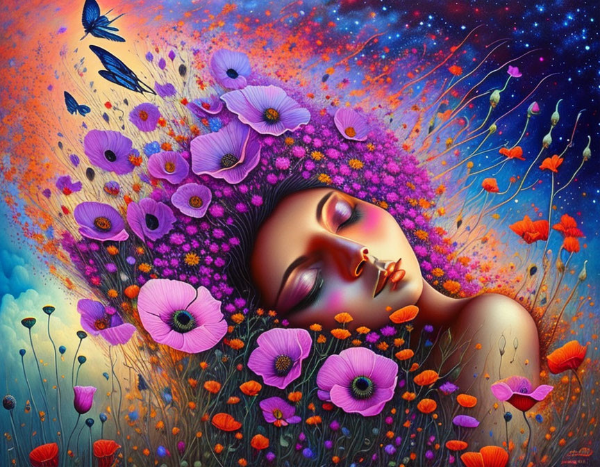 Surreal portrait of woman with floral hair in vibrant background