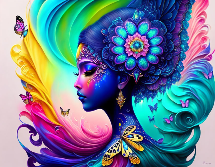 Colorful digital artwork: woman with blue skin, floral patterns, butterflies, rainbow hair