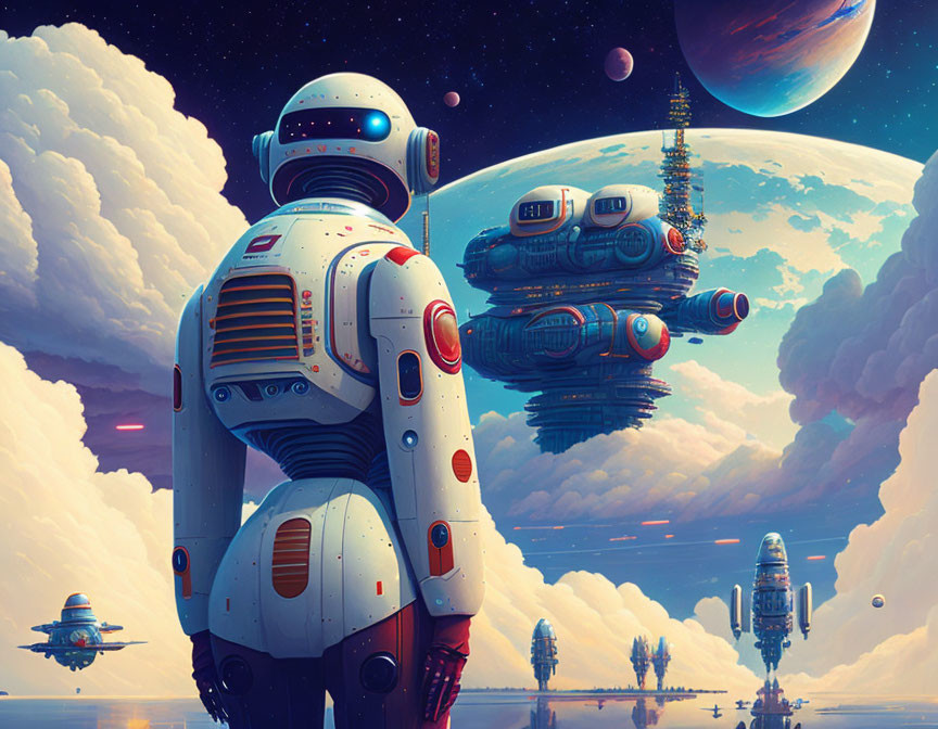 Futuristic robot admires floating cityscape and spaceships