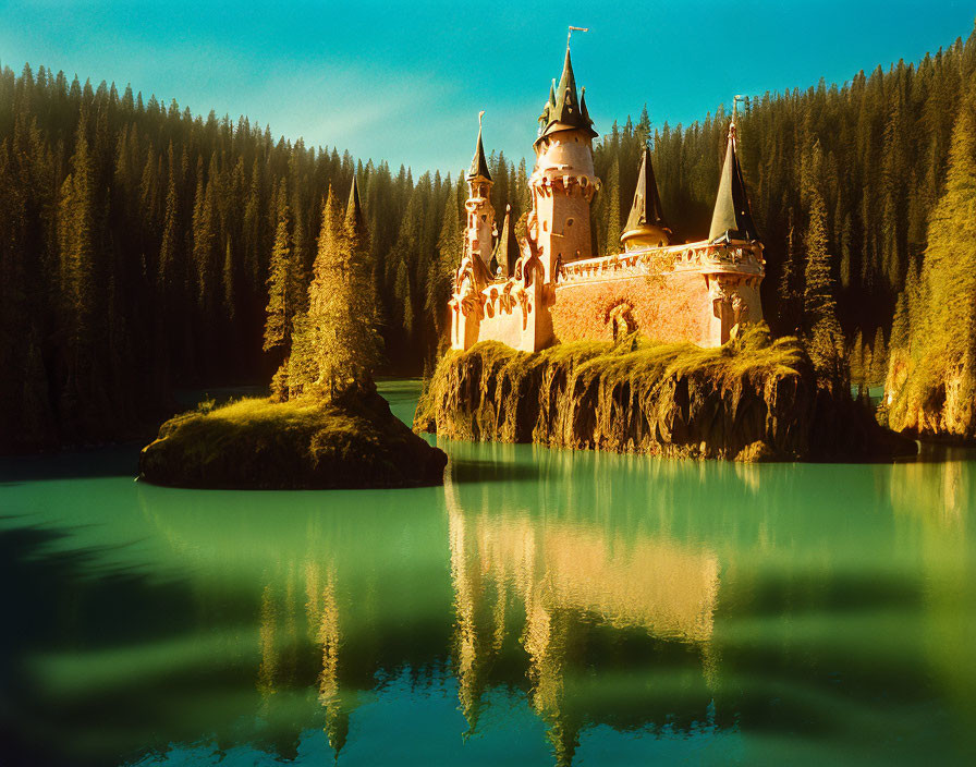 Castle with spires on lush island in tranquil lake amid evergreen forests