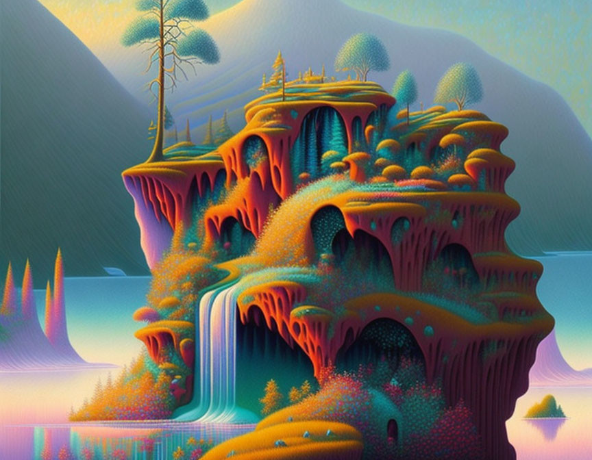 Surreal colorful landscape with floating island waterfall