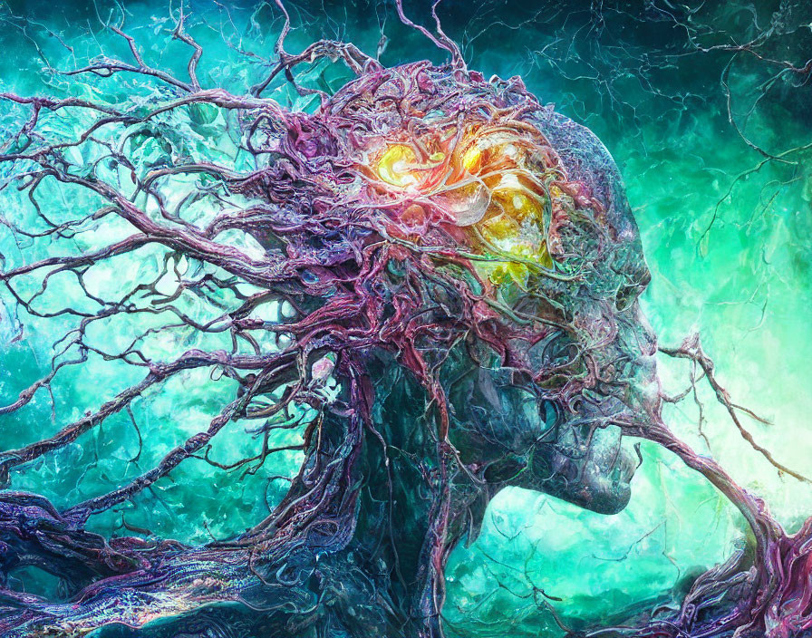 Colorful digital artwork of glowing-eyed tree entity in teal backdrop