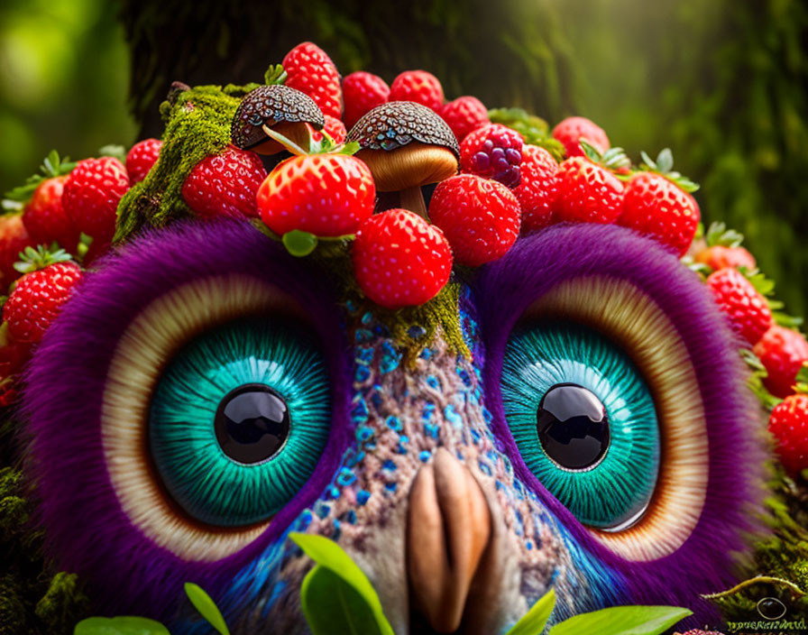 Colorful whimsical creature with blue eyes, vibrant feathers, strawberries, and a snail