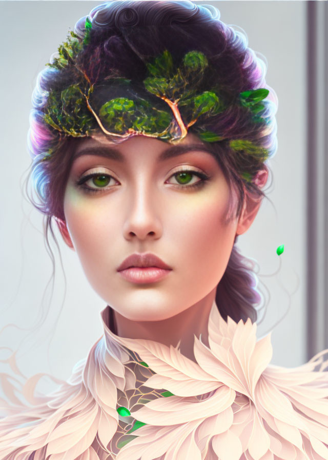 Digital artwork: Woman with green eyes, leaf crown, glowing accents, feather-like garments