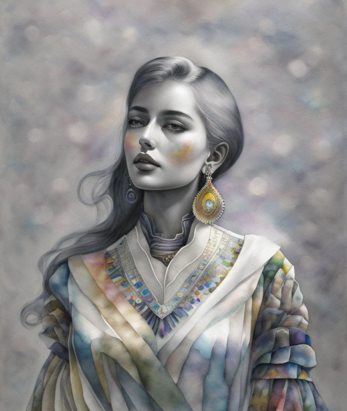 Colorful portrait of a woman with detailed earrings and patterned clothing