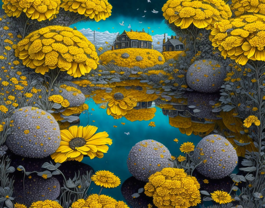 Surreal landscape with oversized yellow flowers, reflective lake, house on floral hill, butterflies, star